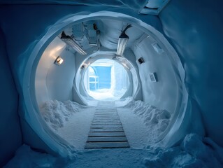Indoor snowy tunnel with wooden walkway and artificial lighting