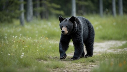 Young black bear exploring a clearing