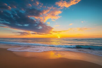 Fototapeta premium Sunset at the Beach with Clouds and Ocean Waves