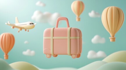 A pink suitcase floating with hot air balloons and an airplane in a whimsical sky