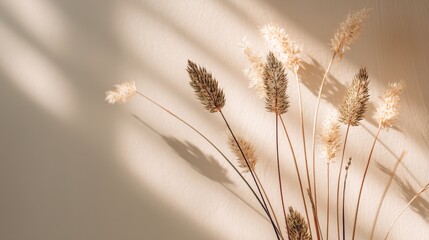Obraz premium Elegant aesthetic dried grass stems with sunlight shadows on tan white background with copy space