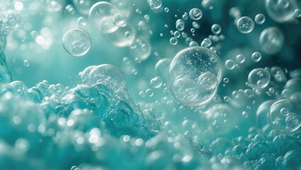 Numerous bubbles drifting in clear turquoise ocean water in an abstract image.
