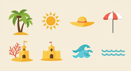 Colorful flat design summer icons representing beach, sun, and vacation fun