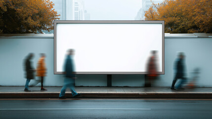 Outdoor freestanding billboard on a streetpeople walking past in motion blur
