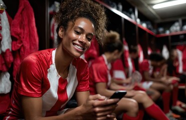 Smiling female soccer player using smartphone in locker room