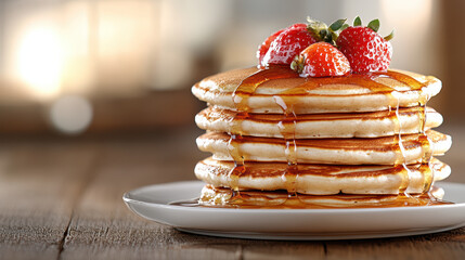 Delicious pancakes stacked high with maple syrup and fresh strawberries, perfect for breakfast