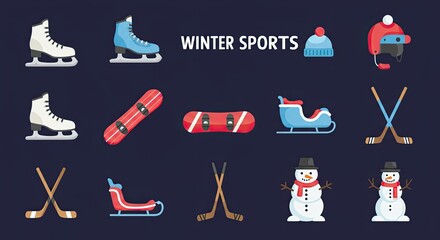 Colorful flat icons of winter sports and activities on a dark blue background.