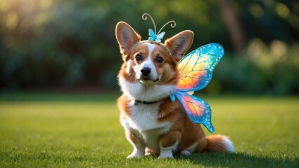 Corgi in butterfly costume relaxing on the lawn