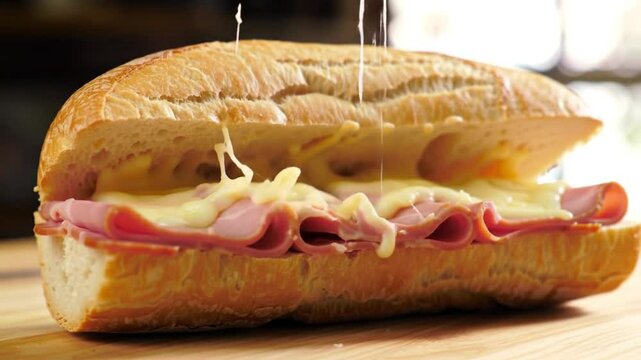 Traditional Brazilian mortadella sandwich from S&atilde;o Paulo, served on fresh crusty bread with melted cheese, shot in a rustic deli setting with natural lighting