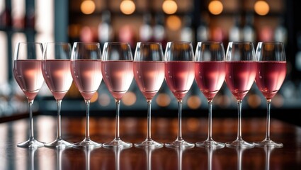 Different hues of Rose wine in lined stemmed glasses from light to dark on a table, with a background behind. Wine bar, wine shop, wine tasting theme