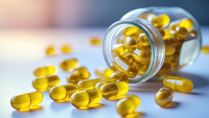 Bottle containing Vitamin D-3 capsules. Omega 3 gel capsules sourced from cod liver oil. Concept of health with vitamins, dietary supplements, and pharmaceuticals. Pill and capsule bottle concept.