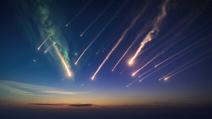 Comets shooting with trails amidst meteor showers in the universe