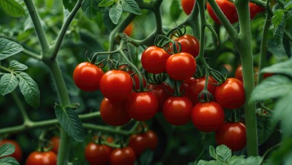 Juicy red cherry tomatoes growing on bush in farm garden during harvest