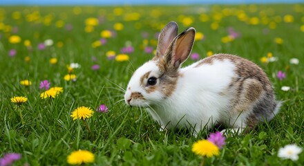 Fototapeta premium Cute bunny rabbit in a field of flowers springtime animal wildlife nature photography easter season image on transparent background