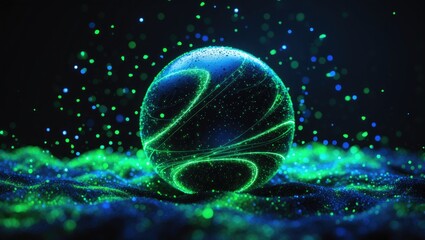 Futuristic space particles in green and blue on a neon black background with a space sphere VFX design