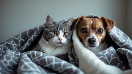 Obraz na płótnie Canvas Blanket-covered dog and cat. Pets find warmth during cold temperatures