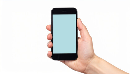 Un telefono movil en la mano con la pantalla vacia sobre fondo blanco