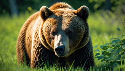 Fototapeta premium Close-up of an adult bear on lush green grass