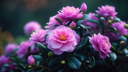 Blurry early spring garden with purple pink flower head