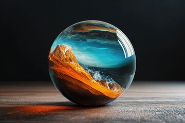 A glass orb captures the essence of a mountain meeting the ocean, a world within a world, serene yet powerful.