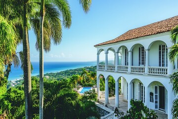 Coastline View with White Mansion, Palm Trees, Blue Ocean, Caribbean Landscape