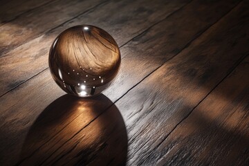 Obraz premium A crystal ball rests on a weathered wooden surface, reflecting light and shadow with a mystical allure in dark light.