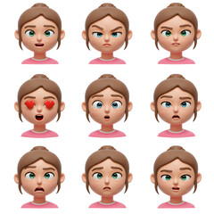 Cartoon girl faces showing different emotions collection