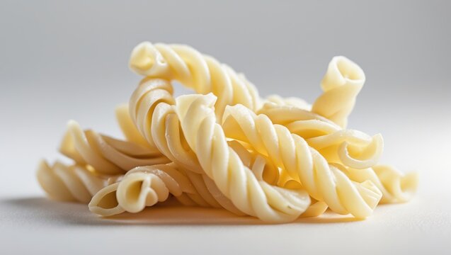 A solitary raw macaroni noodle against a white backdrop, showcasing full depth of field and a clipping trail, viewed from below.