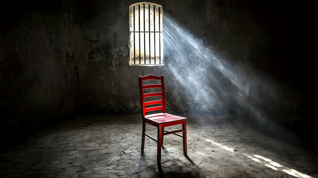 Red chair in solitary confinement cell, sunbeam through barred window, dust motes, for film noir, mystery, or prison themes