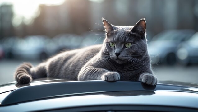 On the car roof, the gray cat was lying down and staring at something. - Powered by Adobe
