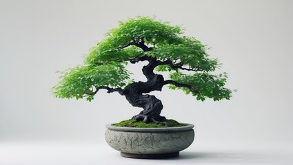 Antique pot with a Bonsai tree on a white background