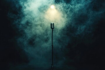 Vintage microphone stands illuminated on a smoky stage, creating a nostalgic and dramatic atmosphere.