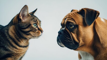 Obraz premium Dog and Cat gazing at one another. Lateral perspective