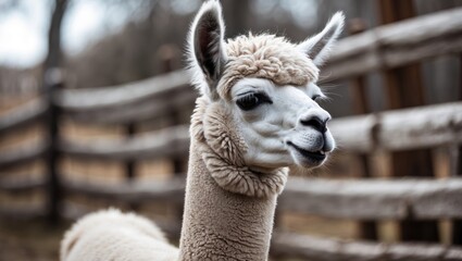 Obraz premium Funny alpaca face with white teeth and smile, wildlife from South America