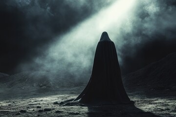 A cloaked figure stands in a desolate, fog-filled landscape, illuminated by a stark, eerie light from above.