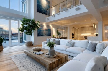 an open-plan living room in an apartment with double-height ceilings and large windows. The room features modern furniture, including a sofa and a coffee table, light wooden floors, and white walls