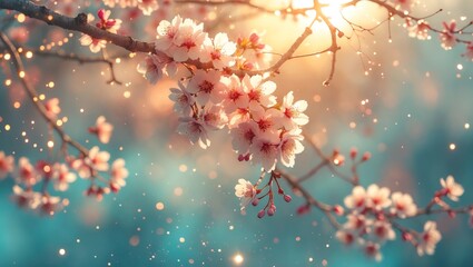 Spring blossom background. Nature scene with blooming tree and sun flare. Spring flowers. Beautiful orchard