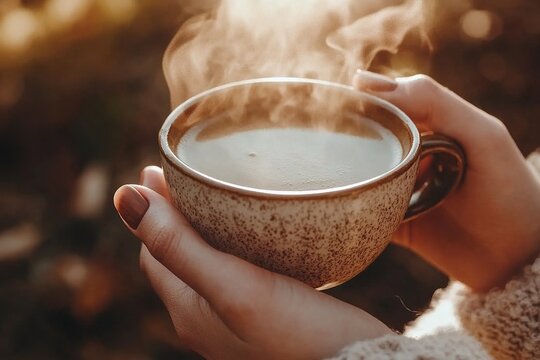 Steaming cup warmth embraced outside