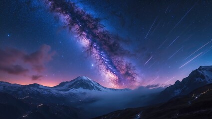 Grainy long-exposure nightscape of the Milky Way galaxy above the mountain