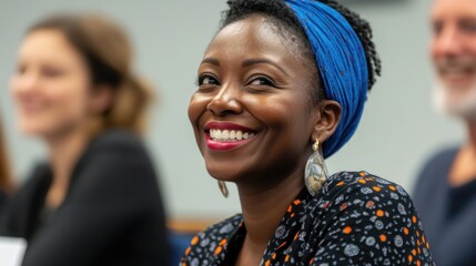 Smiling Woman in Blue Headwrap