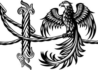 Obraz premium SVG illustrating electrical safety and energy protection. Intricate Black and White Phoenix Design with Decorative Elements