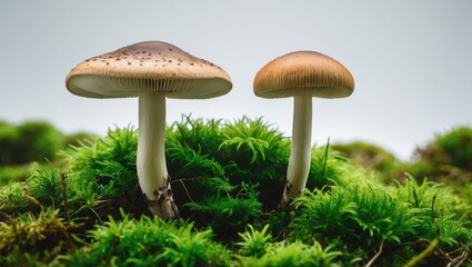 Mushrooms and green moss displayed in isolation on background