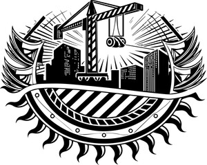 SVG illustrating electrical safety and energy protection. Construction Crane with City Skyline in Vintage Style Black Illustration