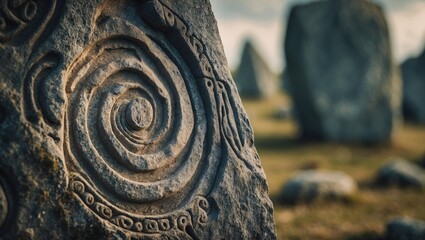 Old Megalithic Surface with Abstract Carvings at the World Heritage Site in Ireland