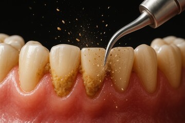 Dental Cleaning: A detailed view captures a dental professional expertly cleaning a set of teeth, showing the process of removing plaque and tartar. A close up, highlighting oral hygiene.