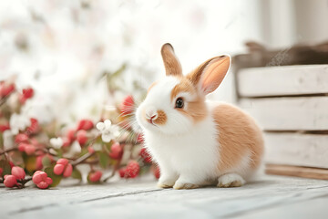 Cute bunny indoors, spring flowers