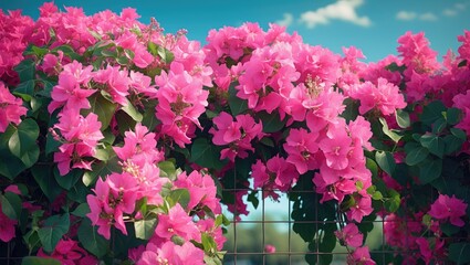 Bougainvillea in Pink Blooming on a Fence