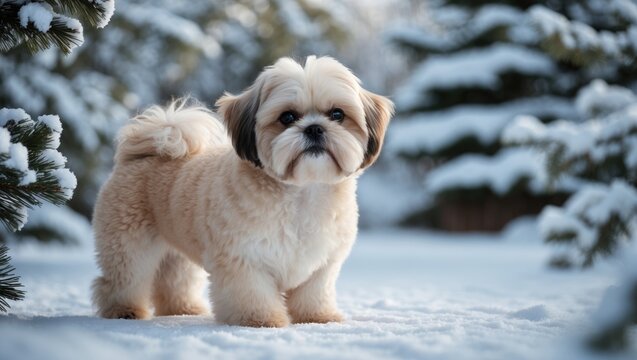 Shih Tzu puppy playing in the snow
