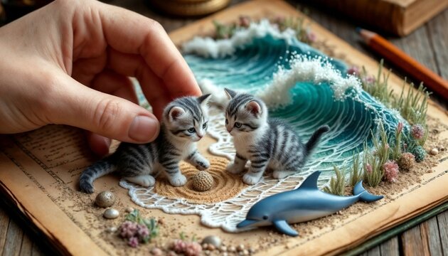 Miniature kittens on ocean scene inside open book