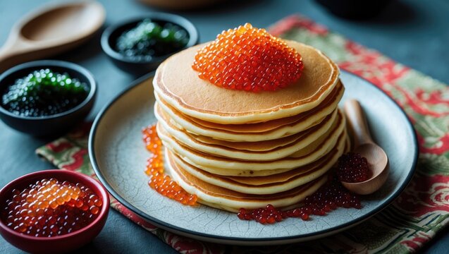 Plate with pancakes and caviar on top